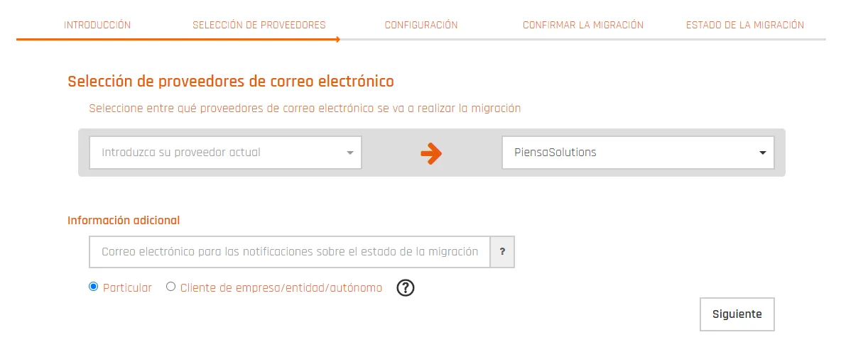 Captura de pantalla donde seleccionas tu proveedor actual y Piensa Solutions como destino