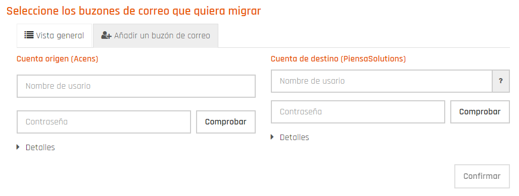 Captura de pantalla donde seleccionas los buzones que quieres migrar