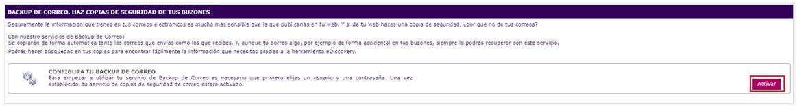Captura de pantalla del panel de control para activar Backup de Correo