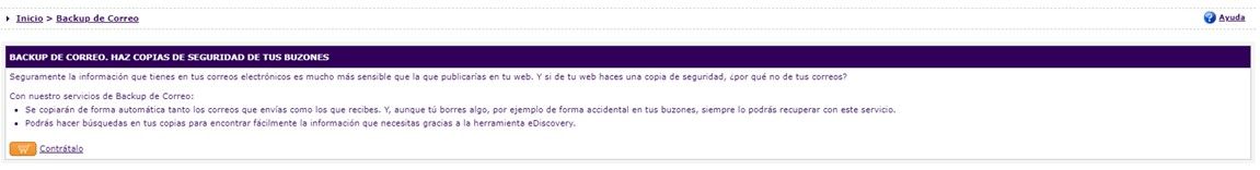 Captura de pantalla del panel de control para contratar Backup de Correo