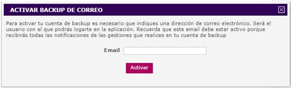 Captura de pantalla del panel de control que te solicita un email para activar Backup de Correo