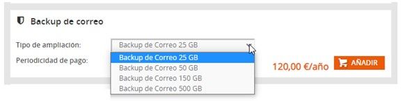Captura de pantalla del panel de control para contratar una ampliación de Backup de Correo