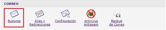Captura de pantalla del panel de control para entrar en Buzones