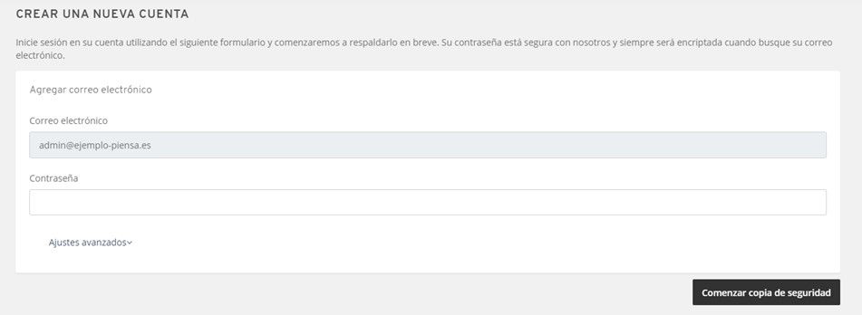 Captura de pantalla del panel de control para crear una copia de Buzones