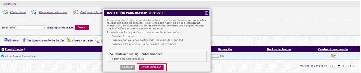 Captura de pantalla del panel de control para enviar una invitación de Backup de Correo