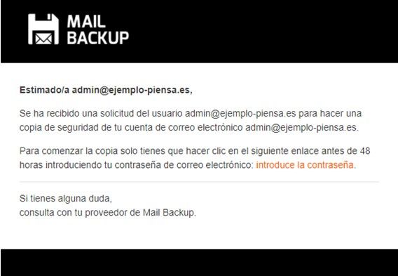 Captura de pantalla del panel de control para introducir una contraseña y comenzar la copia de un buzón de correo
