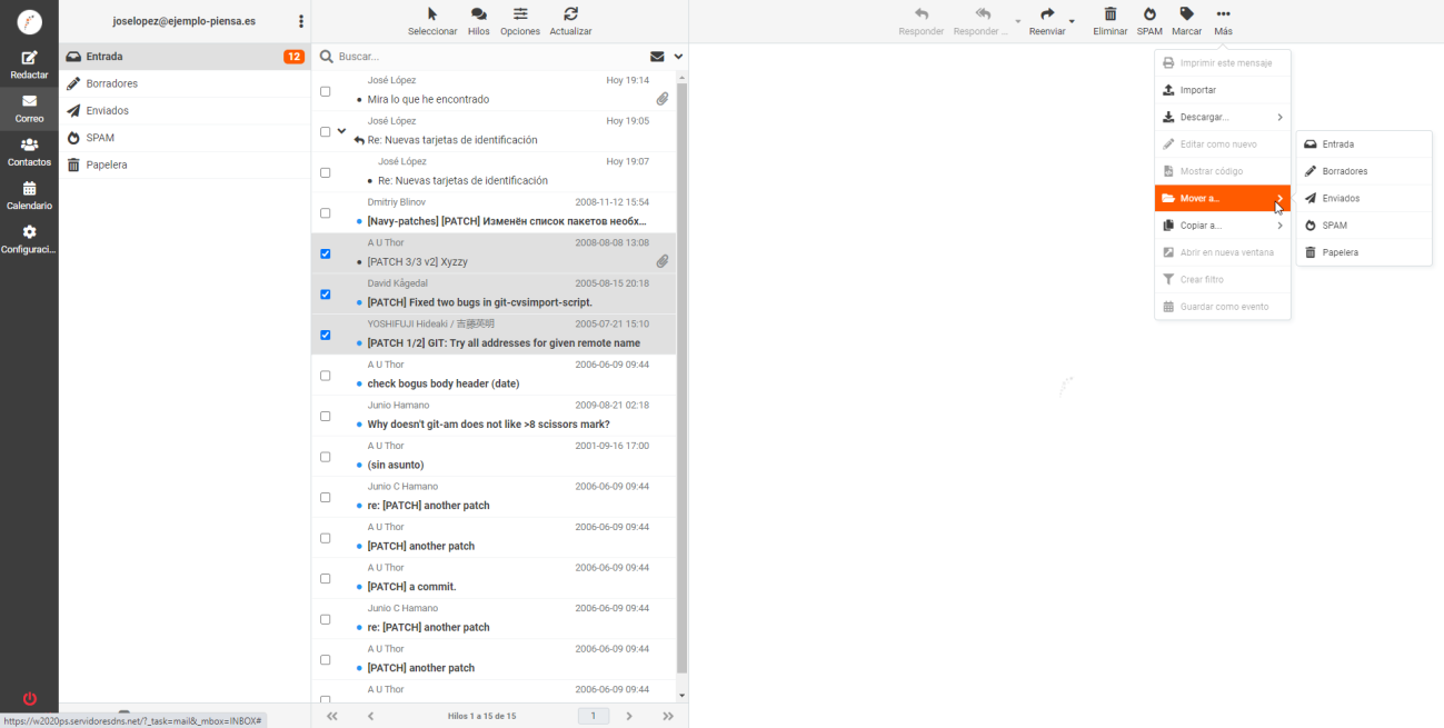 Captura de pantalla de cómo se pueden hacer acciones masivas en nuestro servicio de correo