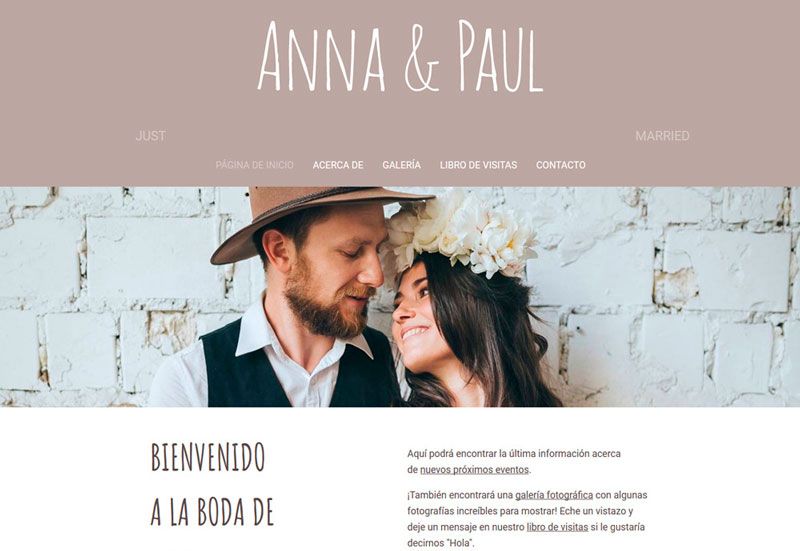 Ejemplo de diseño de página web de la boda de una pareja que puedes hacer con Mi Página Web